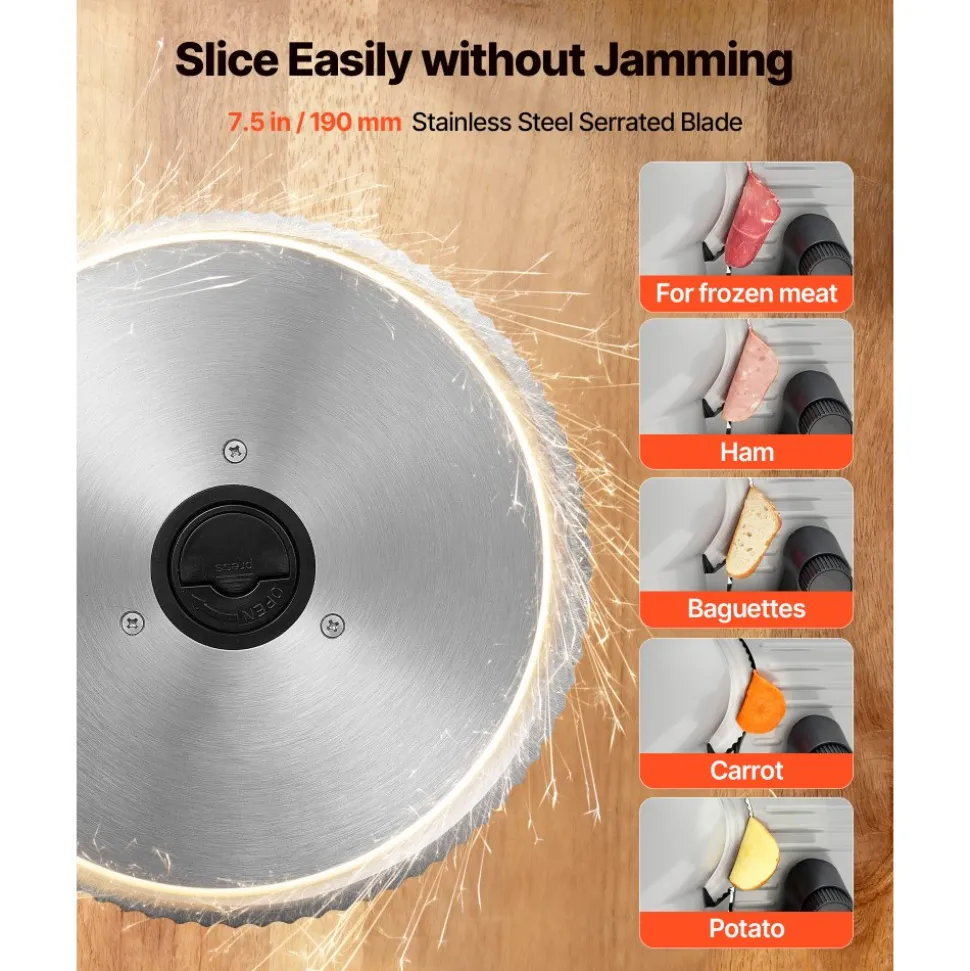 VEVOR Meat Slicer, 7.5" Electric Deli Slicer with SUS420 Blade & 0-0.6" Adjustable Thickness, 200W Home Food-Slicer for Frozen Meat, Ham, Baguett, Steak, UL Approved
