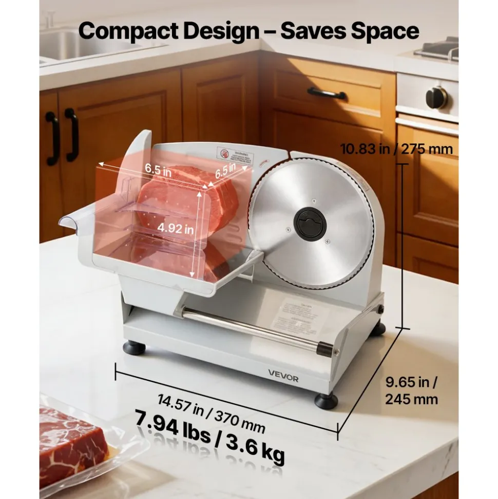 VEVOR Meat Slicer, 7.5" Electric Deli Slicer with SUS420 Blade & 0-0.6" Adjustable Thickness, 200W Home Food-Slicer for Frozen Meat, Ham, Baguett, Steak, UL Approved