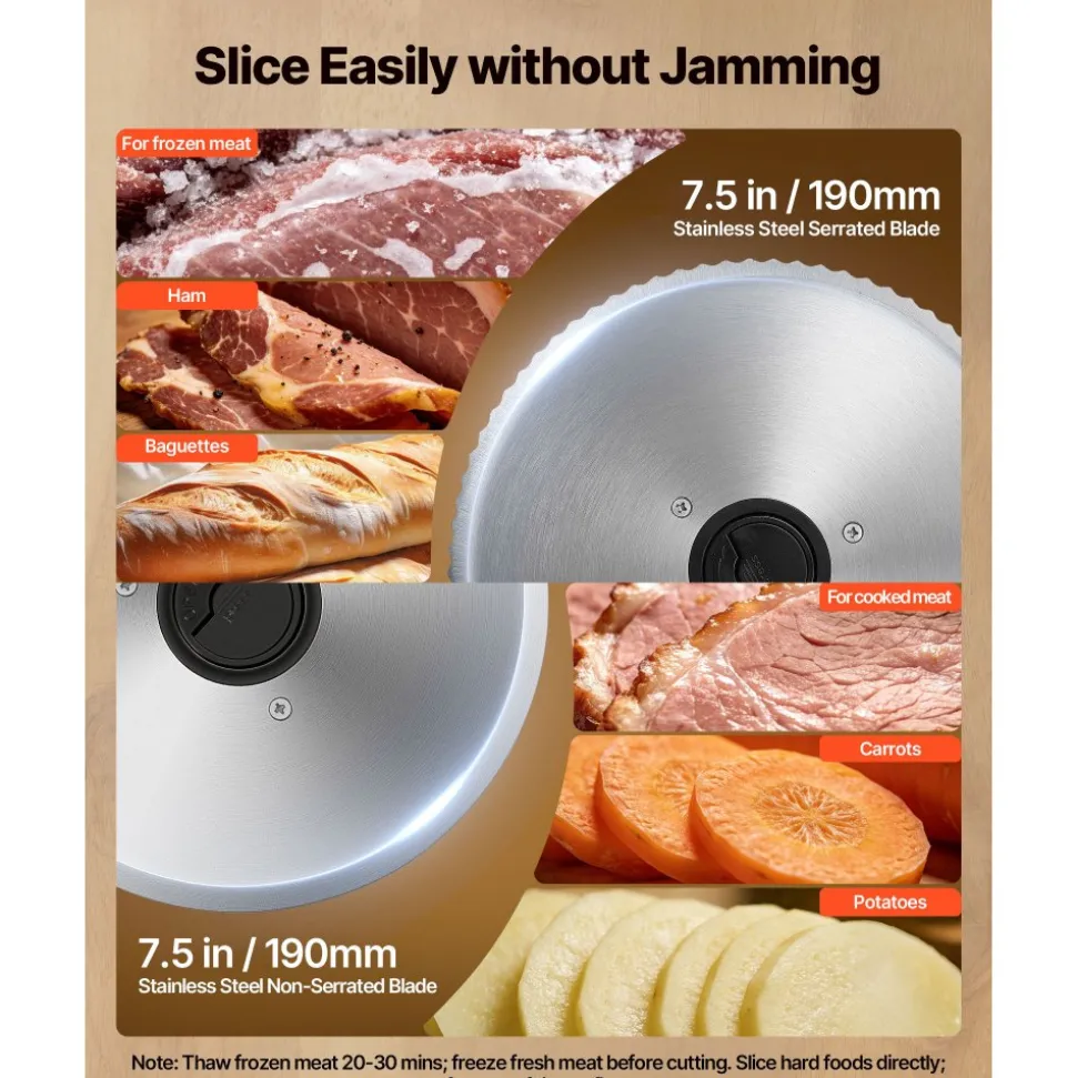 VEVOR Meat Slicer, 7.5" Electric Deli Slicer with 2 SUS420 Blades & 0-0.6" Adjustable Thickness, 200W Home Food-Slicer for Frozen Meat, Ham, Baguett, Steak, UL Approved