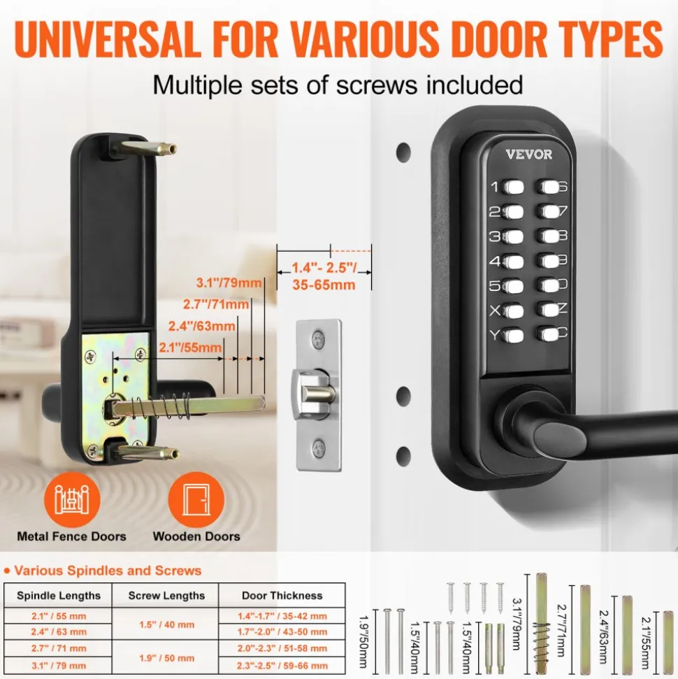VEVOR Mechanical Keyless Entry Door Lock, 2.0 Code Upgrade, 4-7 Digits Code, Single-Sided Push Button Combination Mechanical Keypad Door Knob, Auto Locking, for Garden Gates, Indoor or Outdoor, Silver