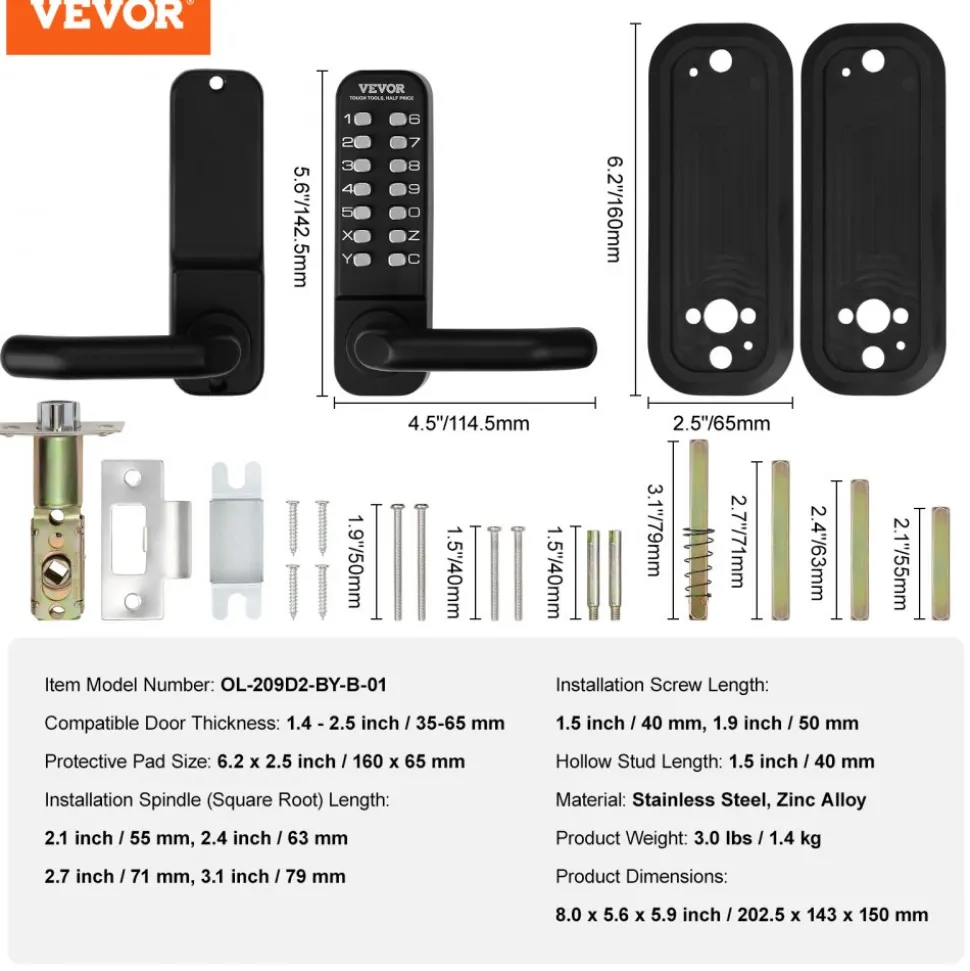 VEVOR Mechanical Keyless Entry Door Lock, 2.0 Code Upgrade, 4-7 Digits Code, Single-Sided Push Button Combination Mechanical Keypad Door Knob, Auto Locking, for Garden Gates, Indoor or Outdoor, Silver