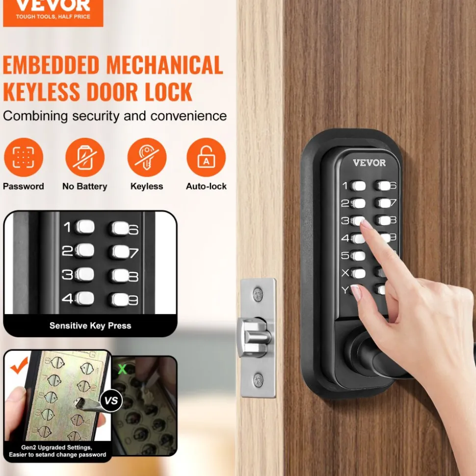 VEVOR Mechanical Keyless Entry Door Lock, 2.0 Code Upgrade, 4-7 Digits Code, Single-Sided Push Button Combination Mechanical Keypad Door Knob, Auto Locking, for Garden Gates, Indoor or Outdoor, Silver