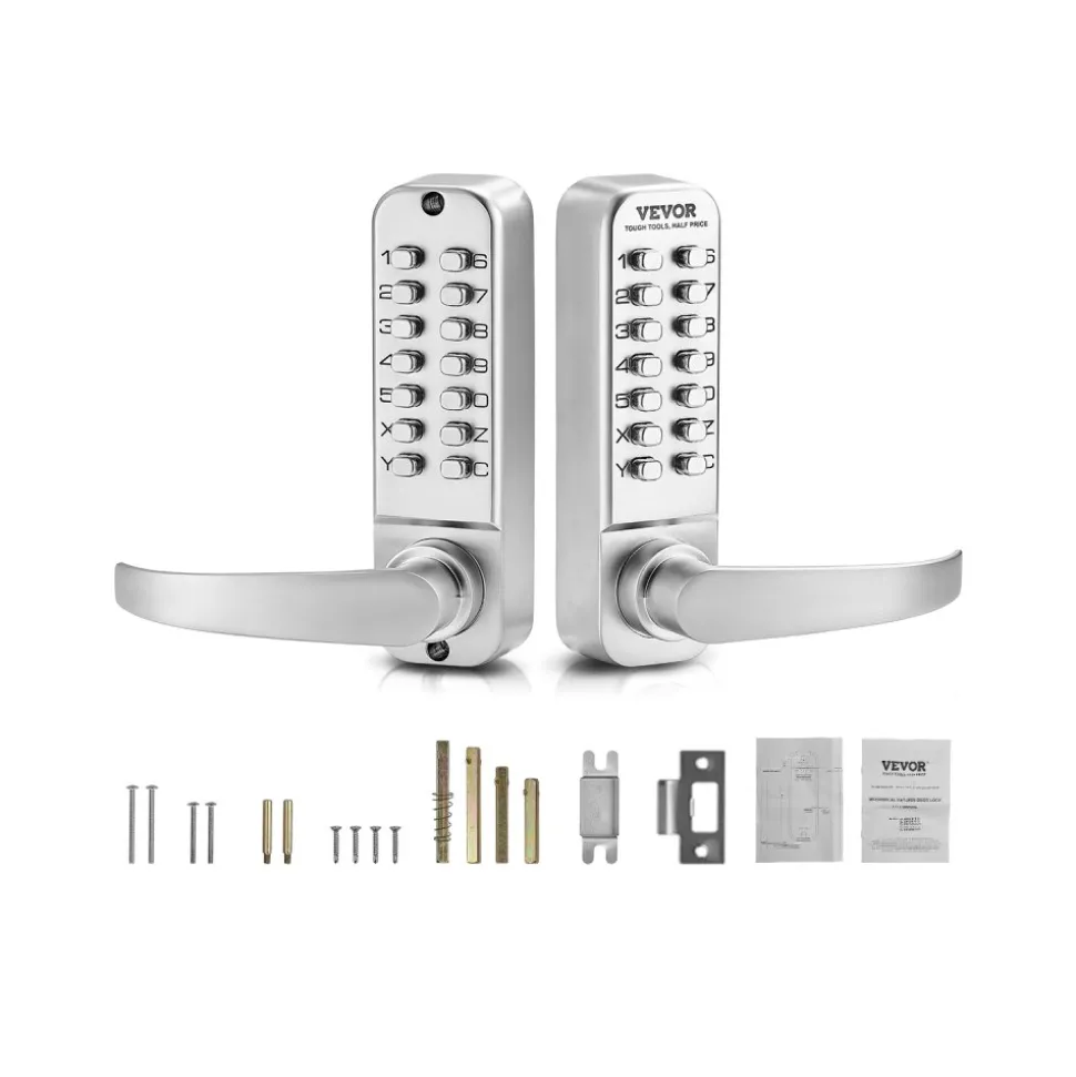 VEVOR Mechanical Keyless Entry Door Lock, 14 Key Mechanical Door Lock, Mechanical Keypad Door Lock with Handle, Double-Sided Stainless Steel Waterproof Keyless Gate Lock, for Home Office Yard, Sliver