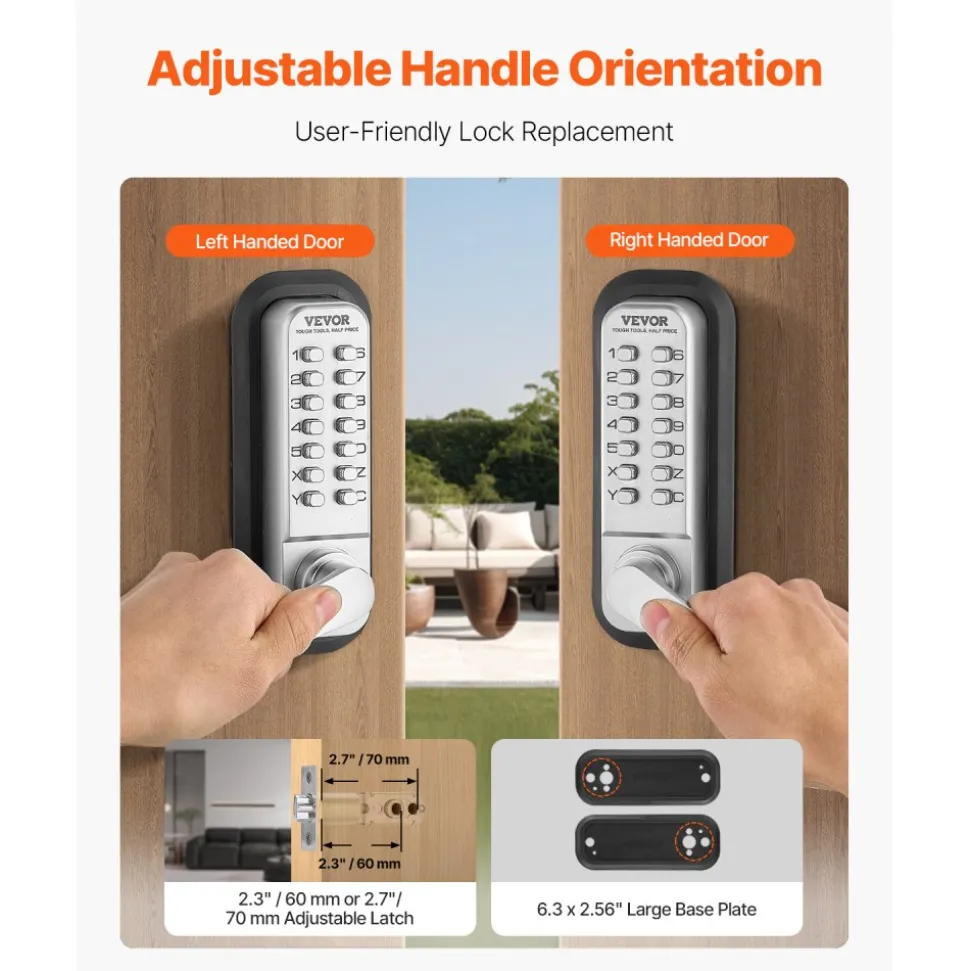 VEVOR Mechanical Keyless Entry Door Lock, 14 Key Mechanical Door Lock, Mechanical Keypad Door Lock with Handle, Double-Sided Stainless Steel Waterproof Keyless Gate Lock, for Home Office Yard, Sliver