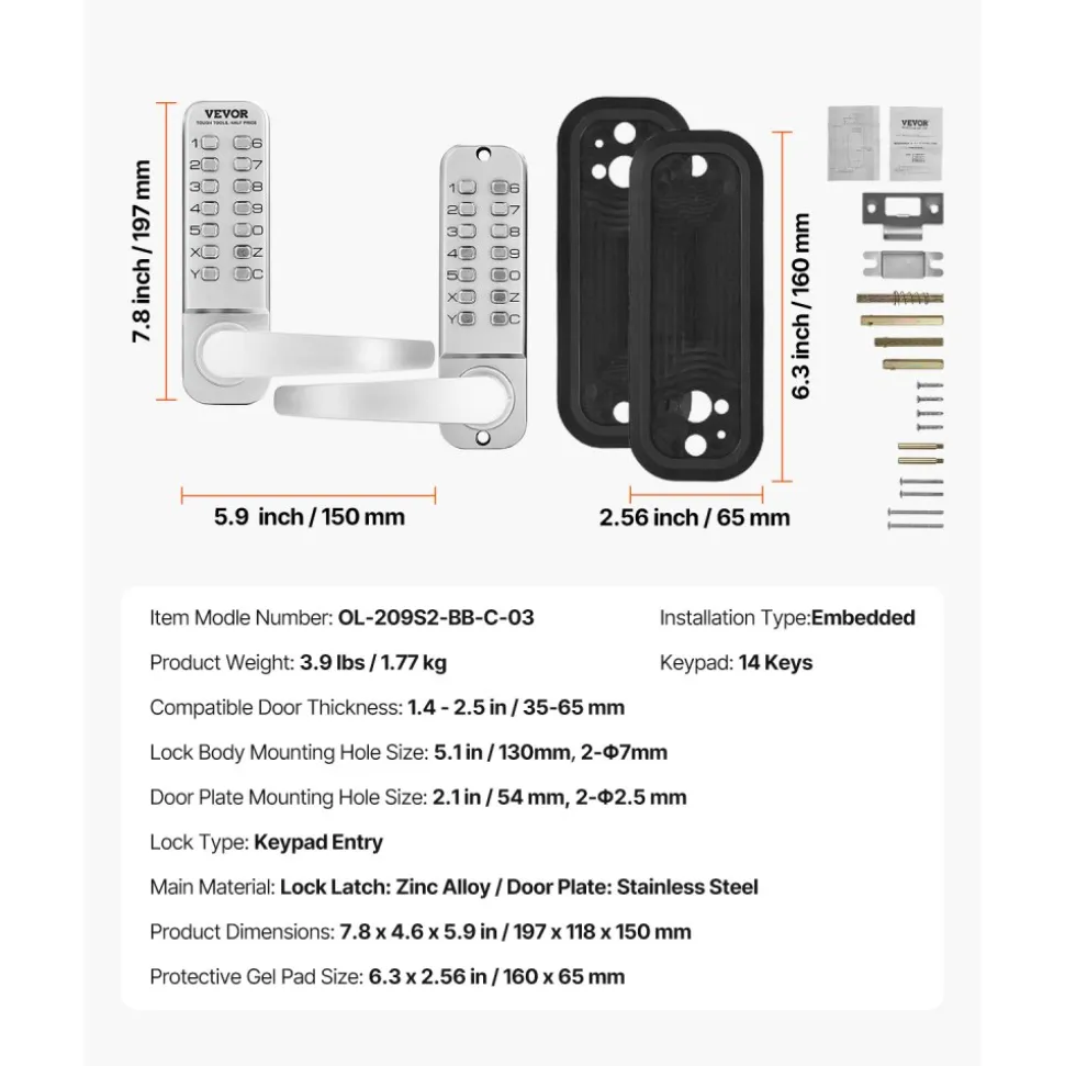 VEVOR Mechanical Keyless Entry Door Lock, 14 Key Mechanical Door Lock, Mechanical Keypad Door Lock with Handle, Double-Sided Stainless Steel Waterproof Keyless Gate Lock, for Home Office Yard, Sliver