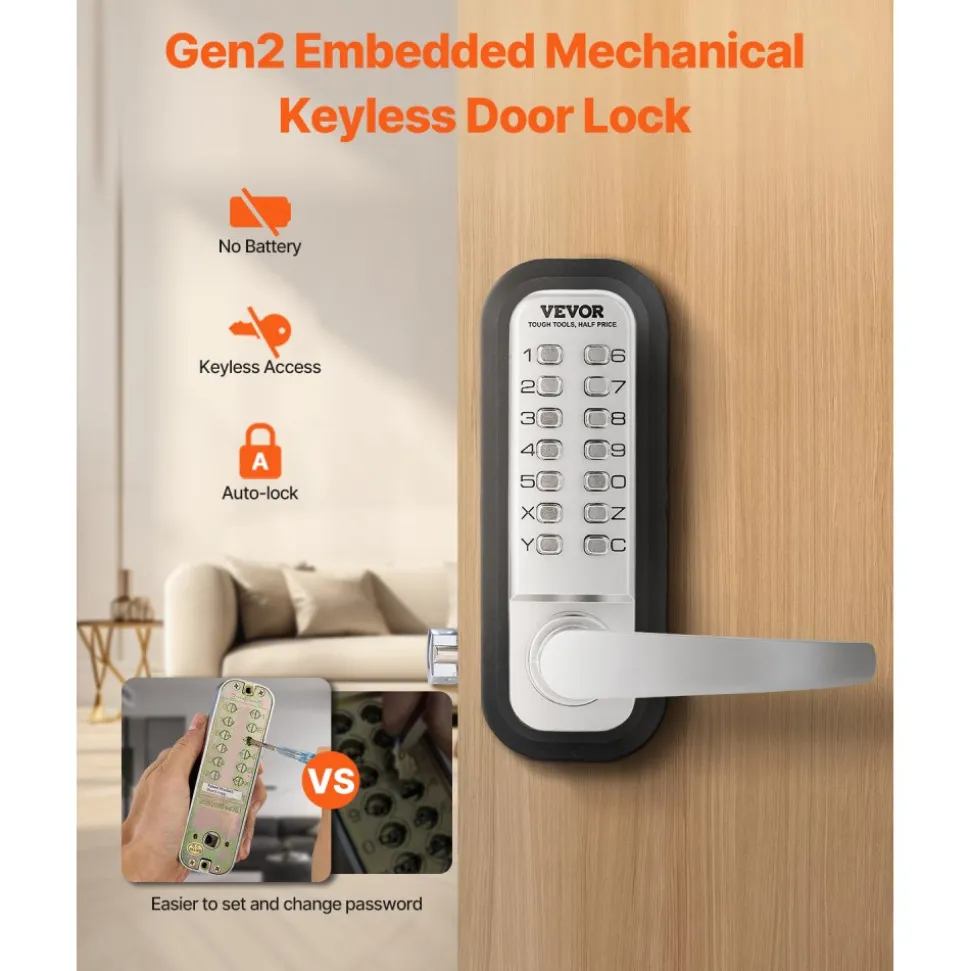 VEVOR Mechanical Keyless Entry Door Lock, 14 Key Mechanical Door Lock, Mechanical Keypad Door Lock with Handle, Stainless Steel Waterproof Keyless Gate Lock, for Home Office Outdoor Fence Garage Yard
