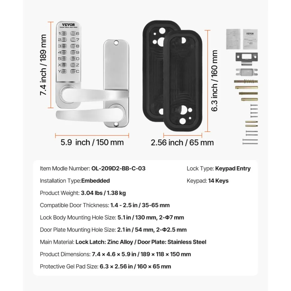 VEVOR Mechanical Keyless Entry Door Lock, 14 Key Mechanical Door Lock, Mechanical Keypad Door Lock with Handle, Stainless Steel Waterproof Keyless Gate Lock, for Home Office Outdoor Fence Garage Yard