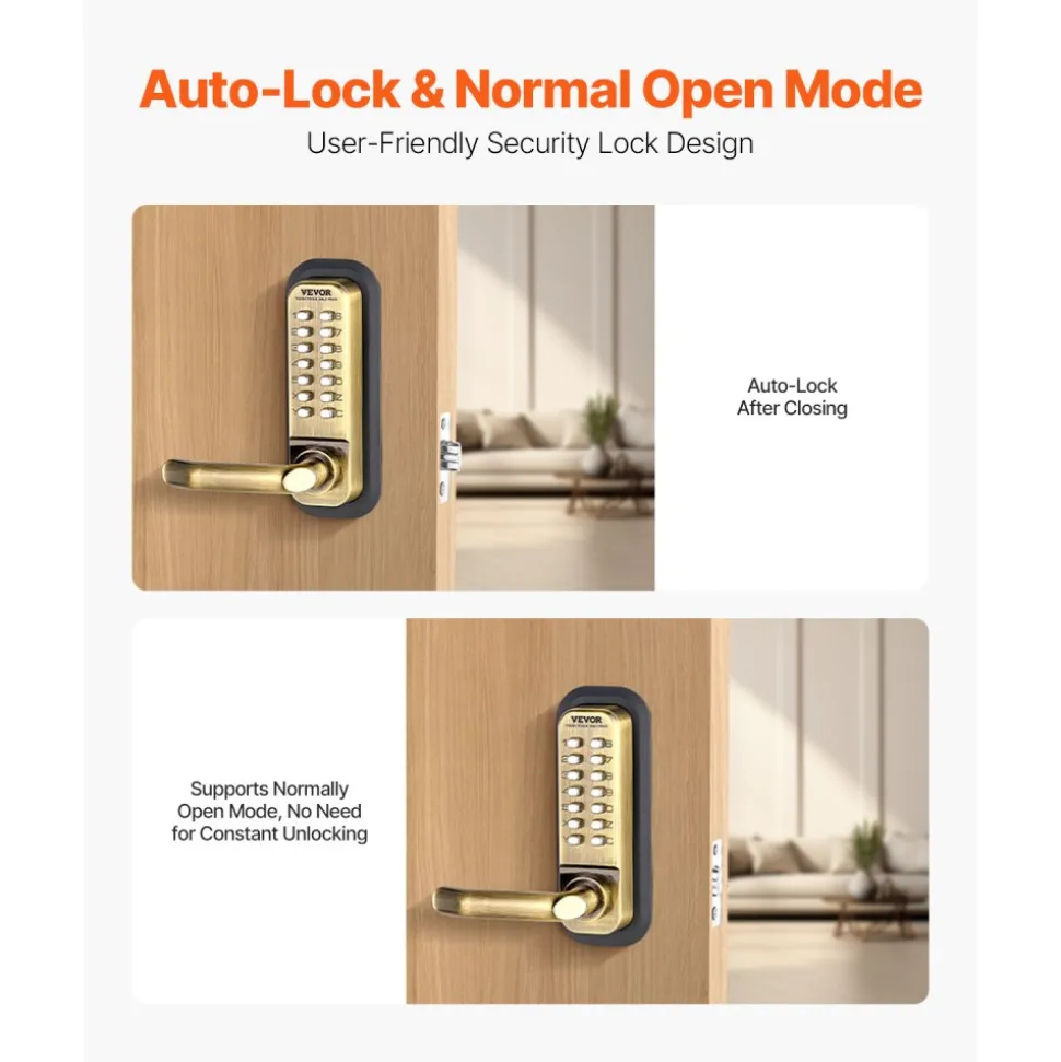 VEVOR Mechanical Keyless Entry Door Lock, 14 Key Mechanical Door Lock, Mechanical Keypad Door Lock with Handle, Double-Sided Stainless Steel Waterproof Keyless Gate Lock, for Home Office Fence Garage