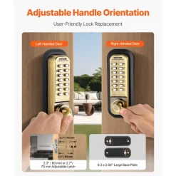 VEVOR Mechanical Keyless Entry Door Lock, 14 Key Mechanical Door Lock, Mechanical Keypad Door Lock with Handle, Double-Sided Stainless Steel Waterproof Keyless Gate Lock, for Home Office Fence Garage