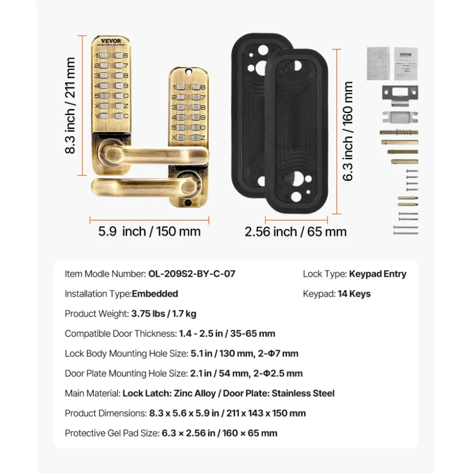 VEVOR Mechanical Keyless Entry Door Lock, 14 Key Mechanical Door Lock, Mechanical Keypad Door Lock with Handle, Double-Sided Stainless Steel Waterproof Keyless Gate Lock, for Home Office Fence Garage
