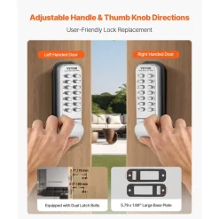 VEVOR Mechanical Keyless Entry Door Lock, 14 Key Mechanical Door Lock, Mechanical Keypad Door Knob, Single-Side Stainless Steel Waterproof Keyless Gate Lock, for Home Office Outdoor Fence Garage Yard