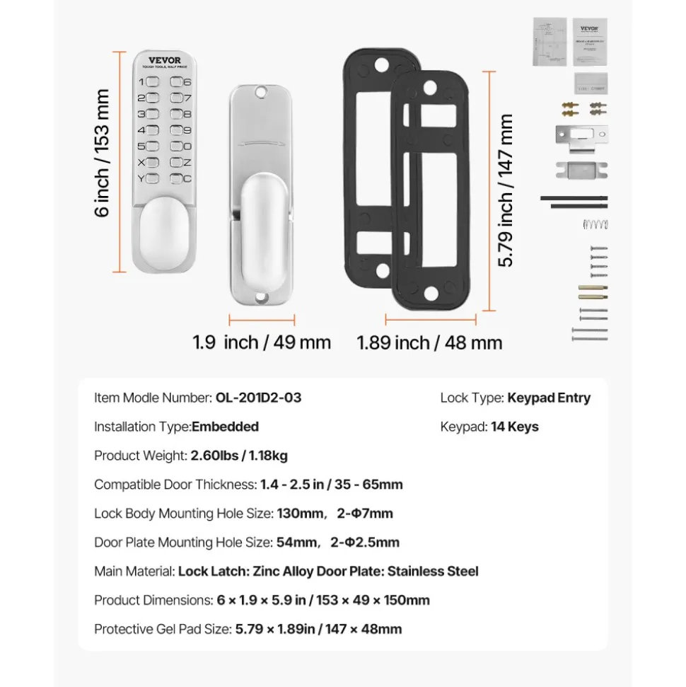VEVOR Mechanical Keyless Entry Door Lock, 14 Key Mechanical Door Lock, Mechanical Keypad Door Knob, Single-Side Stainless Steel Waterproof Keyless Gate Lock, for Home Office Outdoor Fence Garage Yard