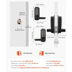 VEVOR Mechanical Keyless Entry Door Lock, 2.0 Code Upgrade, 4-7 Digits Code, Double-Sided Push Button Combination Keypad Door Lock with Handle, Auto Locking, for Indoor or Outdoor, Oil-Rubbed Bronze
