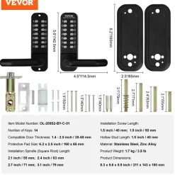 VEVOR Mechanical Keyless Entry Door Lock, 14 Digit Keypad, Double-sided Embedded Outdoor Gate Door Locks Set with Handle and Keypad, Water-proof Zinc Alloy, Easy to Install, for Yard, Garden, Garage