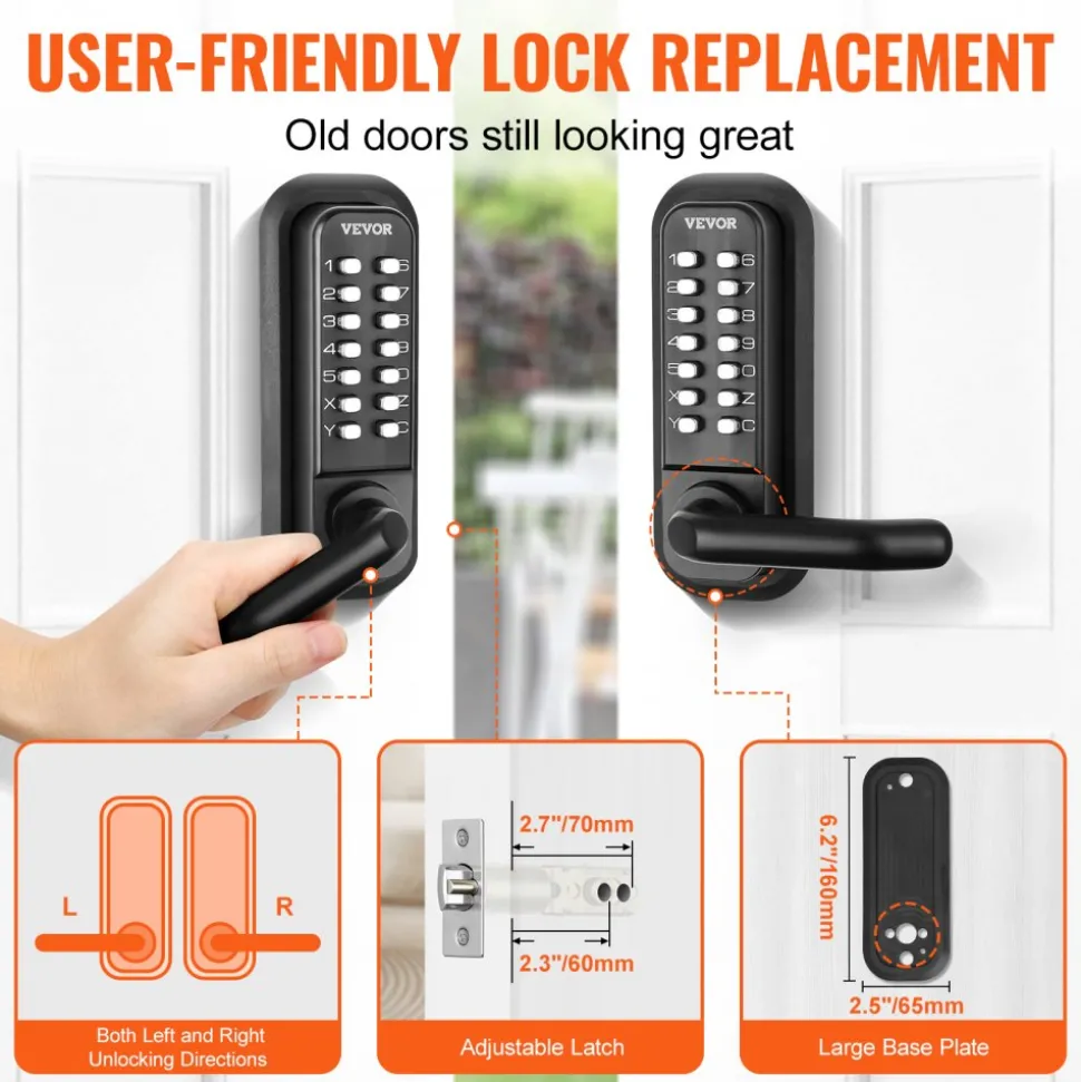 VEVOR Mechanical Keyless Entry Door Lock, 14 Digit Keypad, Double-sided Embedded Outdoor Gate Door Locks Set with Handle and Keypad, Water-proof Zinc Alloy, Easy to Install, for Yard, Garden, Garage