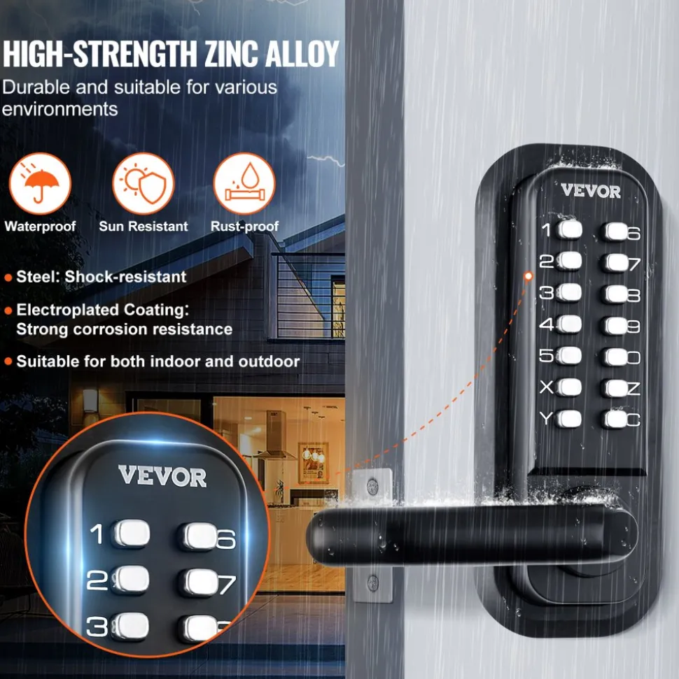 VEVOR Mechanical Keyless Entry Door Lock, 14 Digit Keypad, Double-sided Embedded Outdoor Gate Door Locks Set with Handle and Keypad, Water-proof Zinc Alloy, Easy to Install, for Yard, Garden, Garage