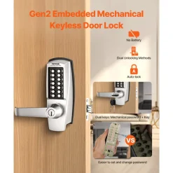 VEVOR Mechanical Keyless Entry Door Lock, 14 Key Mechanical Door Lock with Keys, Mechanical Keypad Door Lock with Handle, Stainless Steel Waterproof Keyless Gate Lock, for Home Office Outdoor Garage