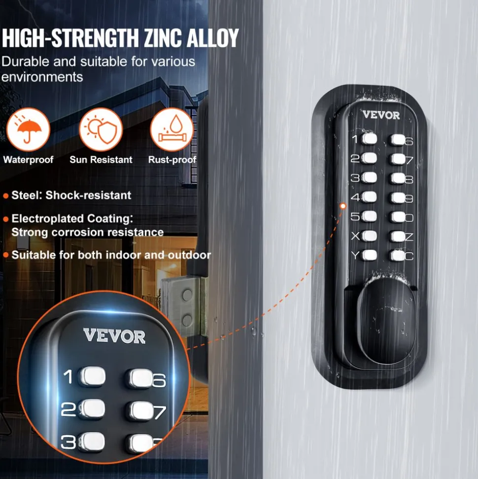 VEVOR Mechanical Keyless Entry Door Lock, 2.0 Code Upgrade, 5 Digits Code, Single-Sided Push Button Combination Keypad Door Lock with Handle, Auto Locking, for Garden Gates, Indoor or Outdoor, Silver