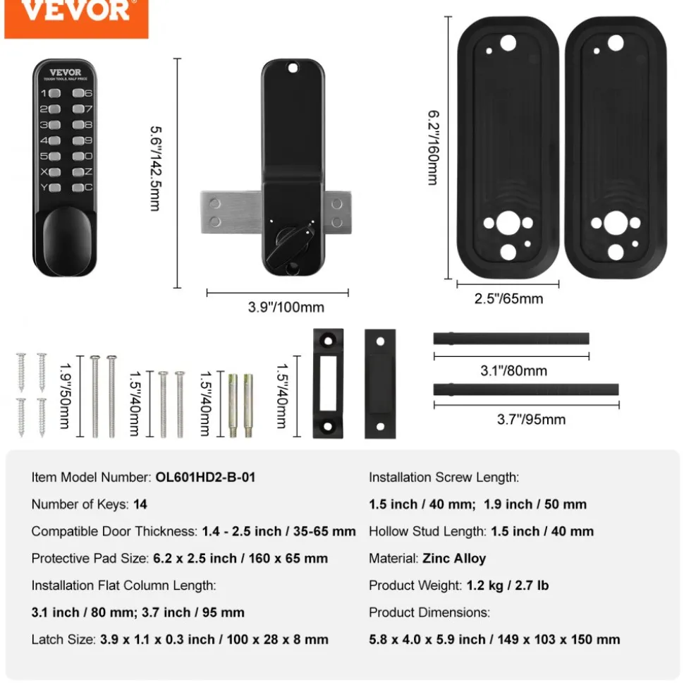 VEVOR Mechanical Keyless Entry Door Lock, 2.0 Code Upgrade, 5 Digits Code, Single-Sided Push Button Combination Keypad Door Lock with Handle, Auto Locking, for Garden Gates, Indoor or Outdoor, Silver
