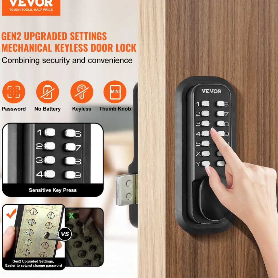VEVOR Mechanical Keyless Entry Door Lock, 2.0 Code Upgrade, 5 Digits Code, Single-Sided Push Button Combination Keypad Door Lock with Handle, Auto Locking, for Garden Gates, Indoor or Outdoor, Silver