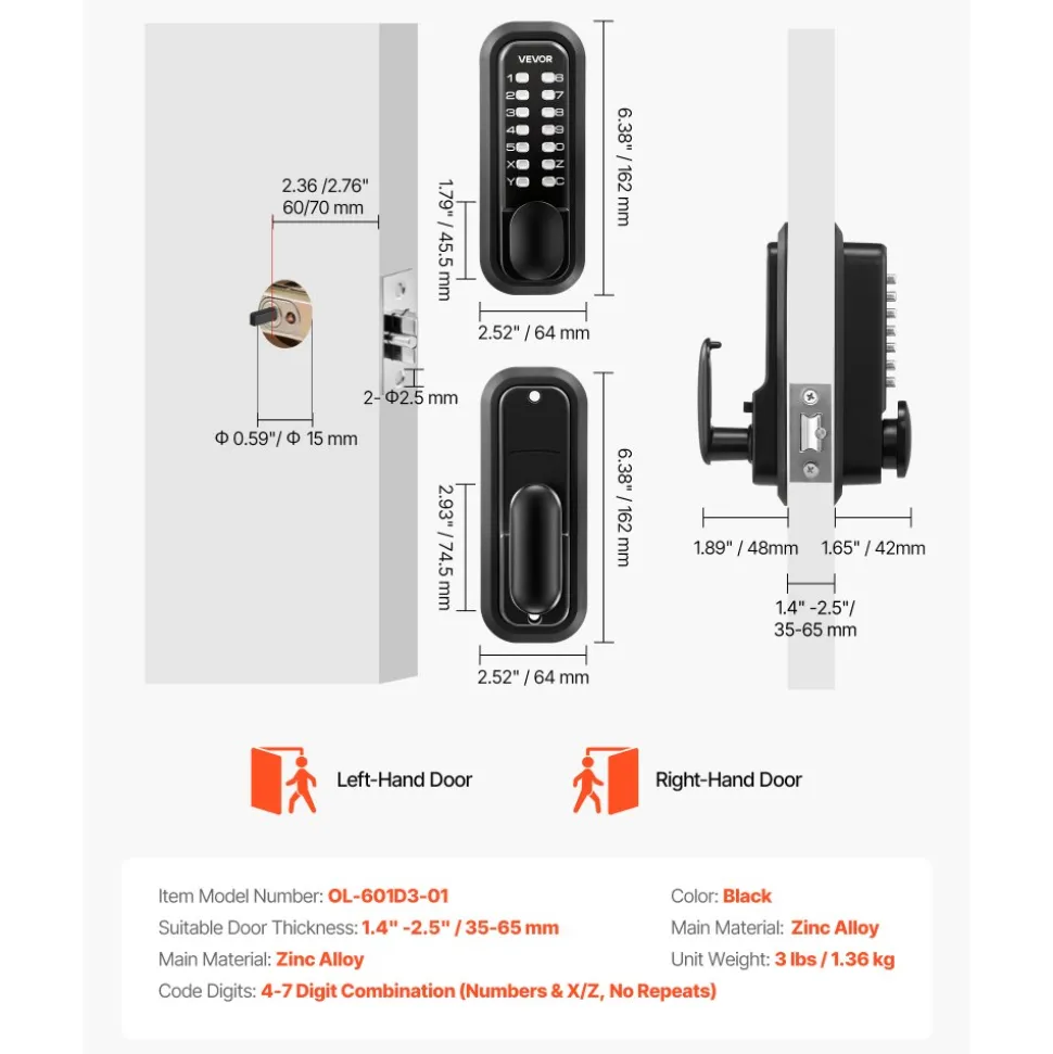 VEVOR Mechanical Keyless Entry Door Lock, 2.0 Code Upgrade, 4-7 Digits Code, Single-Sided Push Button Combination Mechanical Keypad Door Knob, Auto Locking, for Garden Gates, Indoor or Outdoor, Black