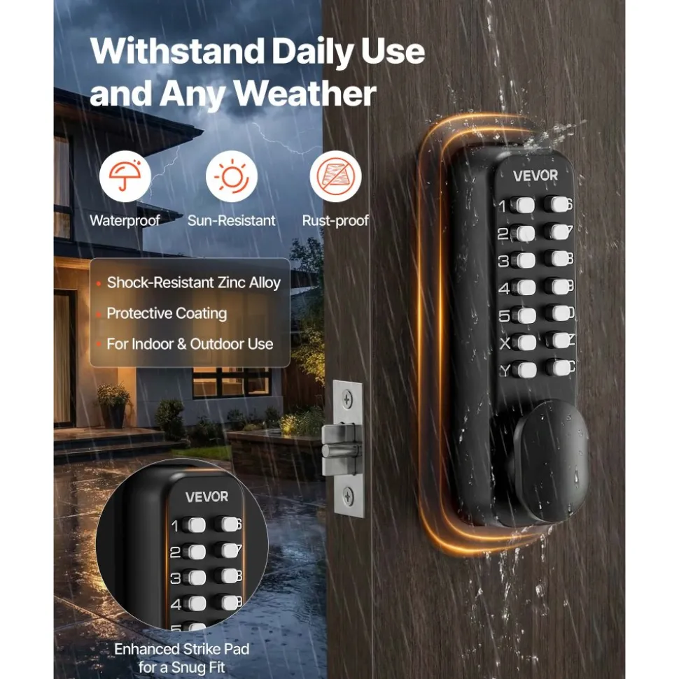 VEVOR Mechanical Keyless Entry Door Lock, 2.0 Code Upgrade, 4-7 Digits Code, Single-Sided Push Button Combination Mechanical Keypad Door Knob, Auto Locking, for Garden Gates, Indoor or Outdoor, Black