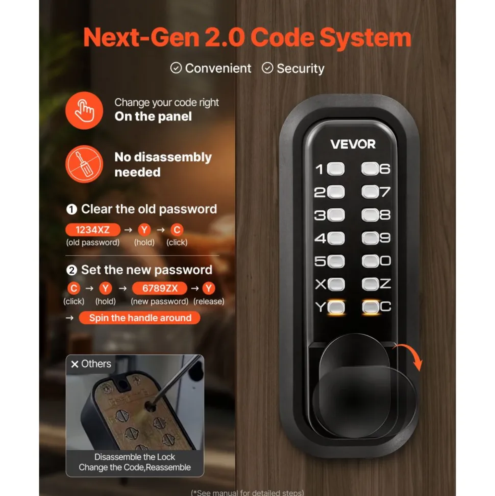 VEVOR Mechanical Keyless Entry Door Lock, 2.0 Code Upgrade, 4-7 Digits Code, Single-Sided Push Button Combination Mechanical Keypad Door Knob, Auto Locking, for Garden Gates, Indoor or Outdoor, Black