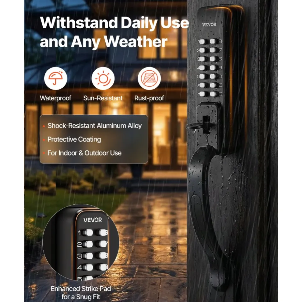 VEVOR Mechanical Keyless Entry Door Lock, 2.0 Code Upgrade, 4-7 Digits Code, Double-Sided Push Button Combination Keypad Door Lock with Pull Handle, Auto Locking, for Garden Gates, Indoor or Outdoor
