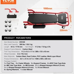 VEVOR Mechanic Garage Creeper, 44-Inch, 300 lbs Capacity Automotive Rolling Creeper with 6 Casters Adjustable Cushioned Headrest Tool Tray, Heavy Duty Steel Frame for Garages, Repair Shops, and DIY