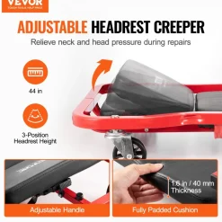 VEVOR Mechanic Garage Creeper, 44-Inch, 300 lbs Capacity Automotive Rolling Creeper with 6 Casters Adjustable Cushioned Headrest Tool Tray, Heavy Duty Steel Frame for Garages, Repair Shops, and DIY