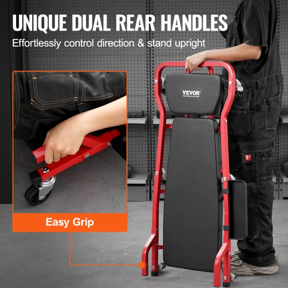 VEVOR Mechanic Garage Creeper, 44-Inch, 300 lbs Capacity Automotive Rolling Creeper with 6 Casters Adjustable Cushioned Headrest Tool Tray, Heavy Duty Steel Frame for Garages, Repair Shops, and DIY