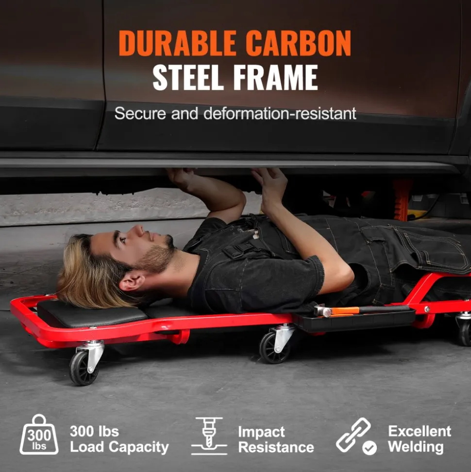 VEVOR Mechanic Garage Creeper, 44-Inch, 300 lbs Capacity Automotive Rolling Creeper with 6 Casters Adjustable Cushioned Headrest Tool Tray, Heavy Duty Steel Frame for Garages, Repair Shops, and DIY