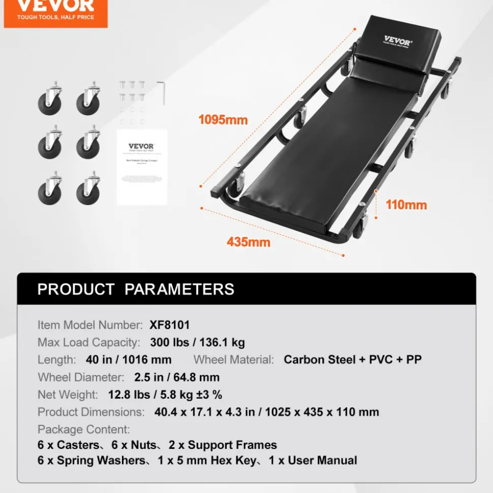 VEVOR Mechanic Garage Creeper, 40-Inch, 300 lbs Capacity Automotive Rolling Creeper with 6 Casters Adjustable Cushioned Headrest, Heavy Duty Steel Frame Low Profile for Garages, Repair Shops, and DIY