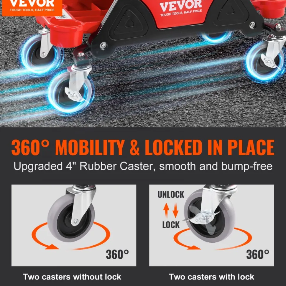 VEVOR Mechanics Stool, 300 LBS Capacity Rolling Mechanic Seat with 4" Wheels, with Three Slide Out Tool Trays and Drawer, Heavy Duty Roller Creeper Seat for Home Garage DIY Automotive