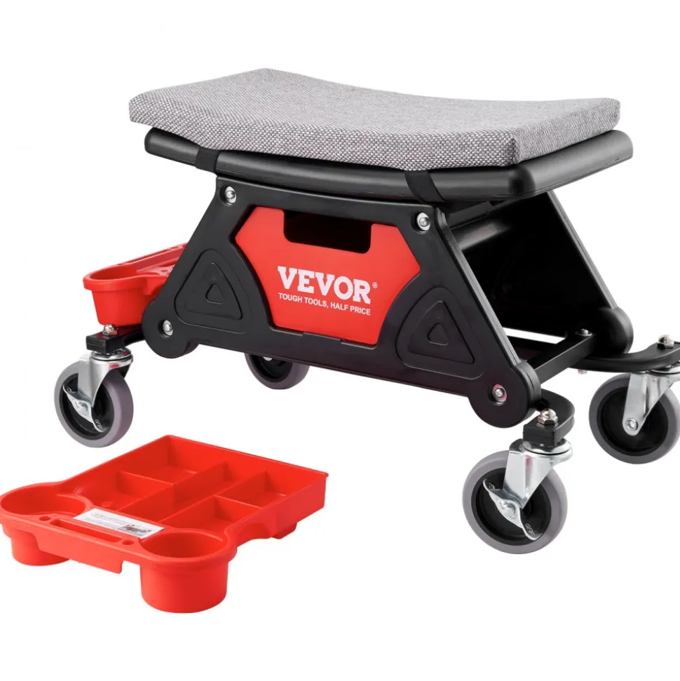 VEVOR Mechanics Stool, 300 LBS Capacity Rolling Mechanic Seat with 4" Wheels, with Three Slide Out Tool Trays and Drawer, Heavy Duty Roller Creeper Seat for Home Garage DIY Automotive