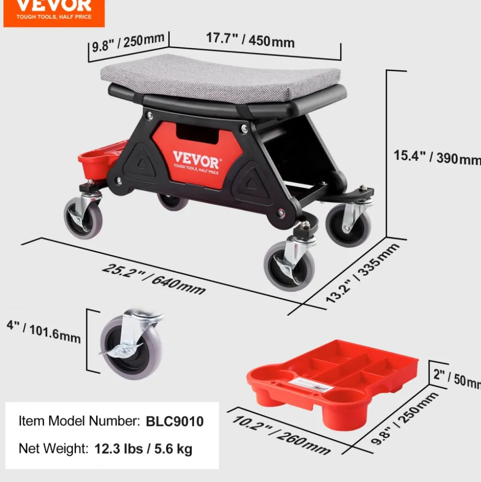 VEVOR Mechanics Stool, 300 LBS Capacity Rolling Mechanic Seat with 4" Wheels, with Three Slide Out Tool Trays and Drawer, Heavy Duty Roller Creeper Seat for Home Garage DIY Automotive