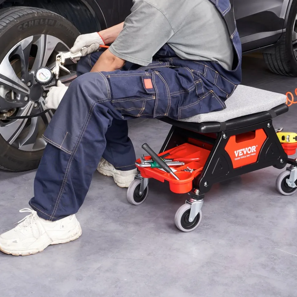 VEVOR Mechanics Stool, 300 LBS Capacity Rolling Mechanic Seat with 4" Wheels, with Three Slide Out Tool Trays and Drawer, Heavy Duty Roller Creeper Seat for Home Garage DIY Automotive