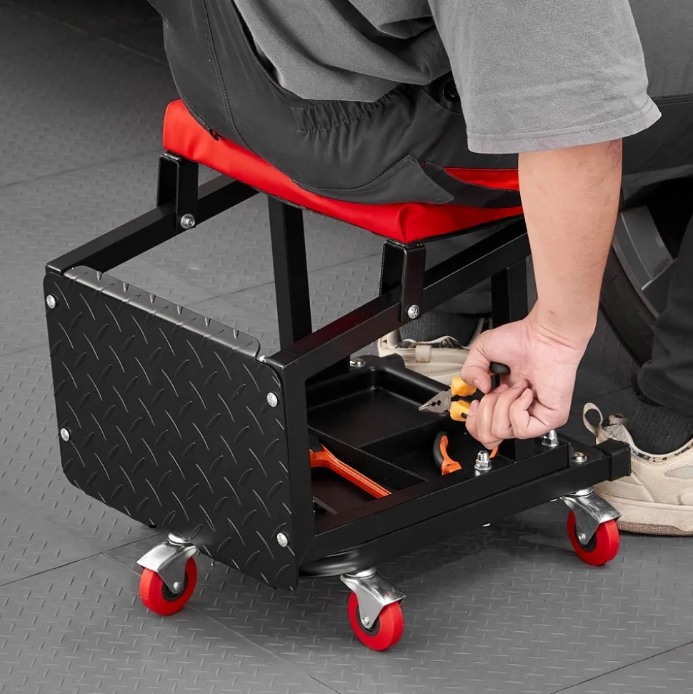 VEVOR Mechanic Stool, 300 lbs Capacity Garage Seat/Work Stool with Wheels, 360° Swivel Rolling Workshop Stool with Tool Tray, Mechanics Creeper Seat/Step Stool, for Garage, Shop & Auto Repair, Black