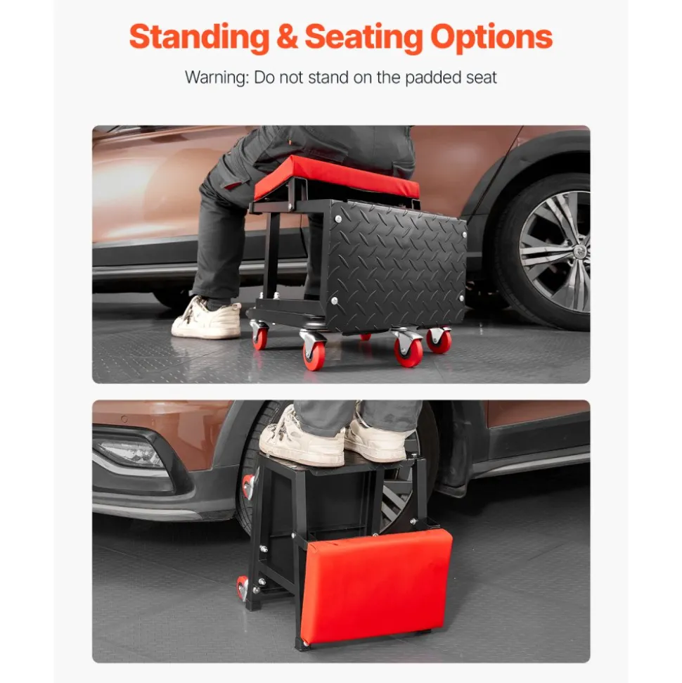 VEVOR Mechanic Stool, 300 lbs Capacity Garage Seat/Work Stool with Wheels, 360° Swivel Rolling Workshop Stool with Tool Tray, Mechanics Creeper Seat/Step Stool, for Garage, Shop & Auto Repair, Black