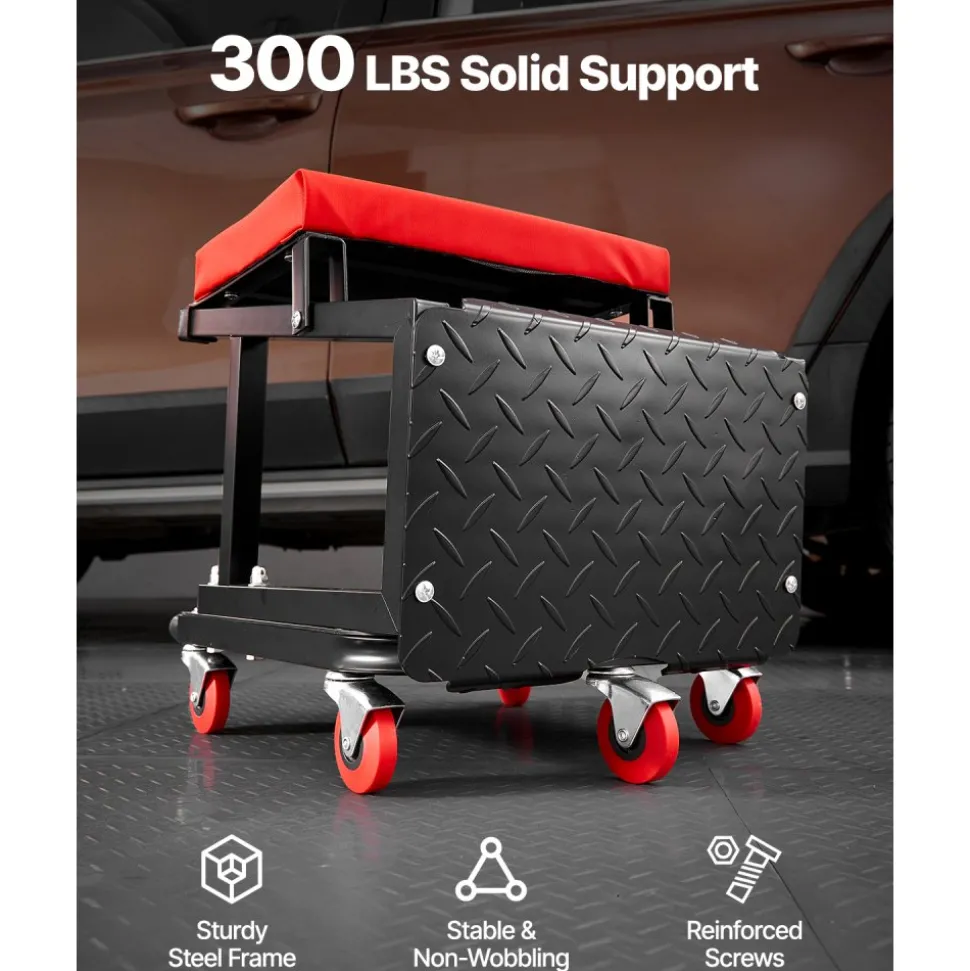 VEVOR Mechanic Stool, 300 lbs Capacity Garage Seat/Work Stool with Wheels, 360° Swivel Rolling Workshop Stool with Tool Tray, Mechanics Creeper Seat/Step Stool, for Garage, Shop & Auto Repair, Black