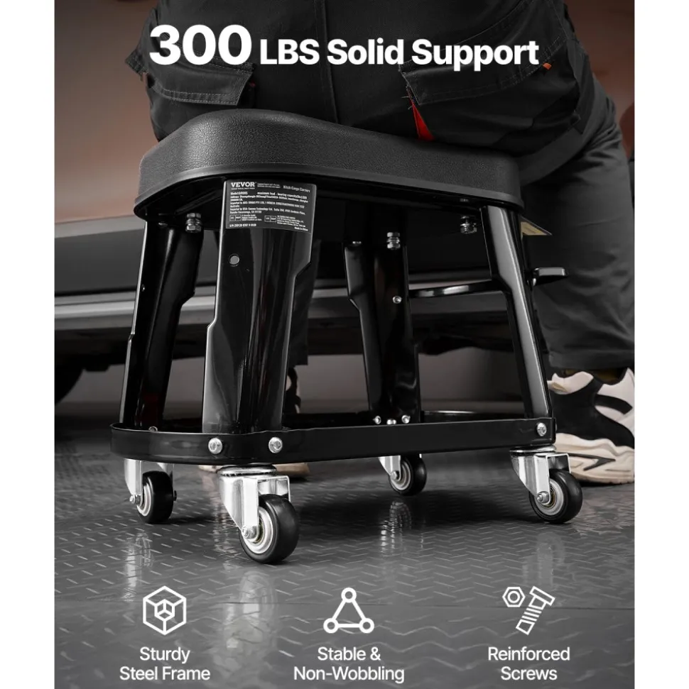 VEVOR Mechanic Stool, 300 lbs Capacity Garage Seat/Work Stool with Wheels, 360° Swivel Rolling Workshop Stool with Tool Tray and Screwdriver Rack, Heavy-Duty, for Garage, Shop & Auto Repair, Black