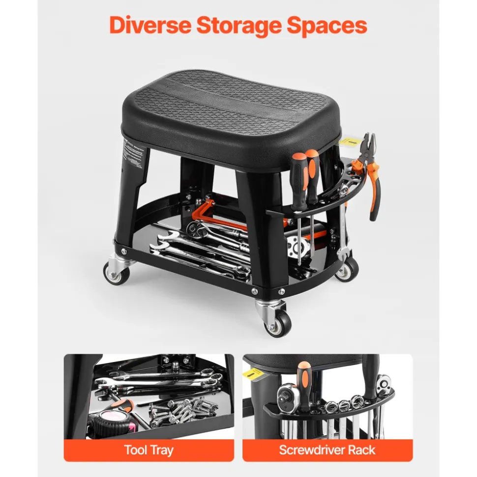 VEVOR Mechanic Stool, 300 lbs Capacity Garage Seat/Work Stool with Wheels, 360° Swivel Rolling Workshop Stool with Tool Tray and Screwdriver Rack, Heavy-Duty, for Garage, Shop & Auto Repair, Black