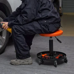 VEVOR Mechanic Stool, 250 LBS Rolling Pneumatic Creeper Garage/Shop Seat, Adjustable Height 22 in-28 in Padded Rolling Workshop Stool with Tool Tray, for Garage, Shop, Auto Repair, Black+Orange