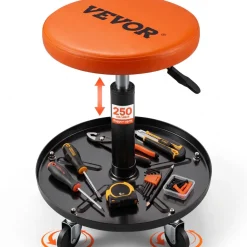VEVOR Mechanic Stool, 250 LBS Rolling Pneumatic Creeper Garage/Shop Seat, Adjustable Height 22 in-28 in Padded Rolling Workshop Stool with Tool Tray, for Garage, Shop, Auto Repair, Black+Orange