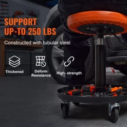 VEVOR Mechanic Stool, 250 LBS Rolling Pneumatic Creeper Garage/Shop Seat, Adjustable Height 22 in-28 in Padded Rolling Workshop Stool with Tool Tray, for Garage, Shop, Auto Repair, Black+Orange