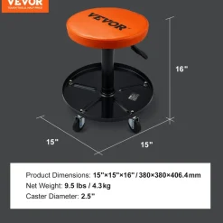 VEVOR Mechanic Stool, 250 LBS Rolling Pneumatic Creeper Garage/Shop Seat, Adjustable Height 22 in-28 in Padded Rolling Workshop Stool with Tool Tray, for Garage, Shop, Auto Repair, Black+Orange
