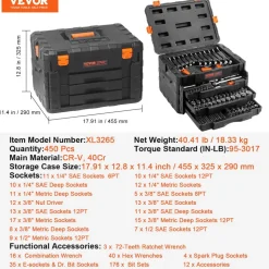 VEVOR Mechanics Tool Set and Socket Set, 1/4" 3/8" 1/2" Drive Deep and Standard Sockets, 450 Pcs SAE and Metric Mechanic Tool Kit with Bits, Hex Wrenches, Combination Wrench, Accessories, Storage Case