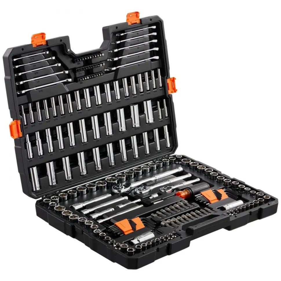 VEVOR Mechanics Tool Set and Socket Set, 1/4" 3/8" 1/2" Drive Deep and Standard Sockets, 205 Pcs SAE and Metric Mechanic Tool Kit with Bits, Combination Wrench, Hex Wrenches, Accessories, Storage Case