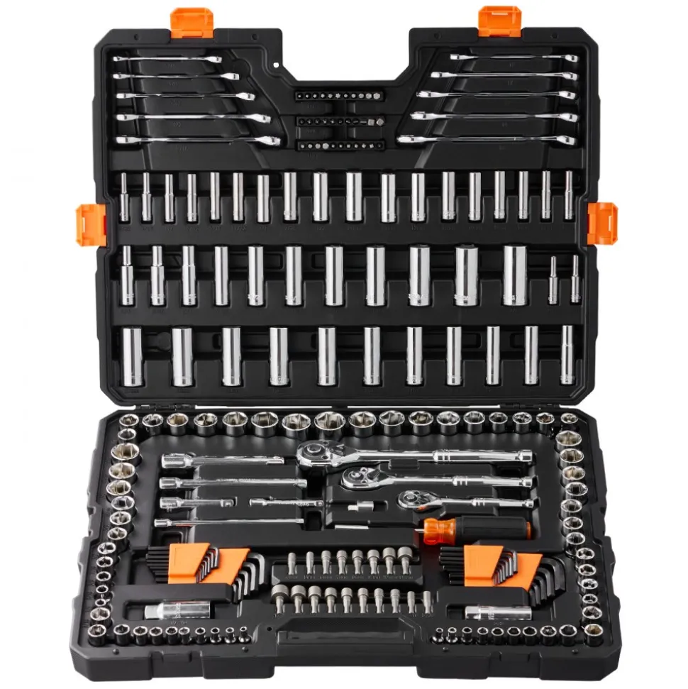 VEVOR Mechanics Tool Set and Socket Set, 1/4" 3/8" 1/2" Drive Deep and Standard Sockets, 205 Pcs SAE and Metric Mechanic Tool Kit with Bits, Combination Wrench, Hex Wrenches, Accessories, Storage Case