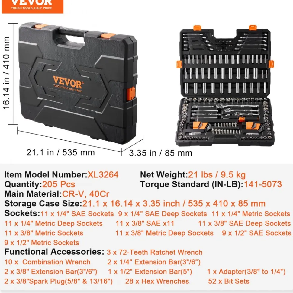 VEVOR Mechanics Tool Set and Socket Set, 1/4" 3/8" 1/2" Drive Deep and Standard Sockets, 205 Pcs SAE and Metric Mechanic Tool Kit with Bits, Combination Wrench, Hex Wrenches, Accessories, Storage Case